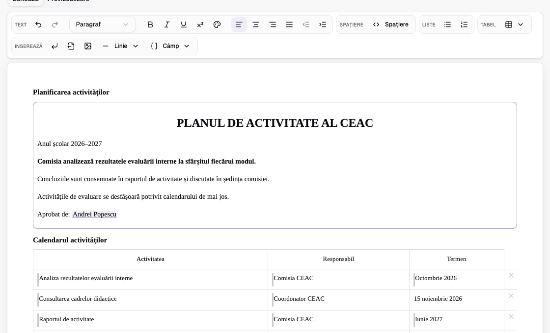 Un câmp din document legat de o funcție a școlii, prin selectorul editorului.
