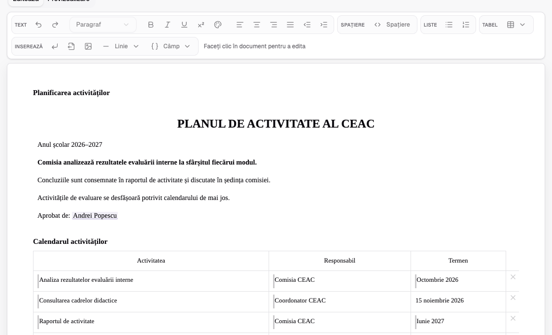 Editarea unui plan de activitate în EDRO: text, formatare și salvare.