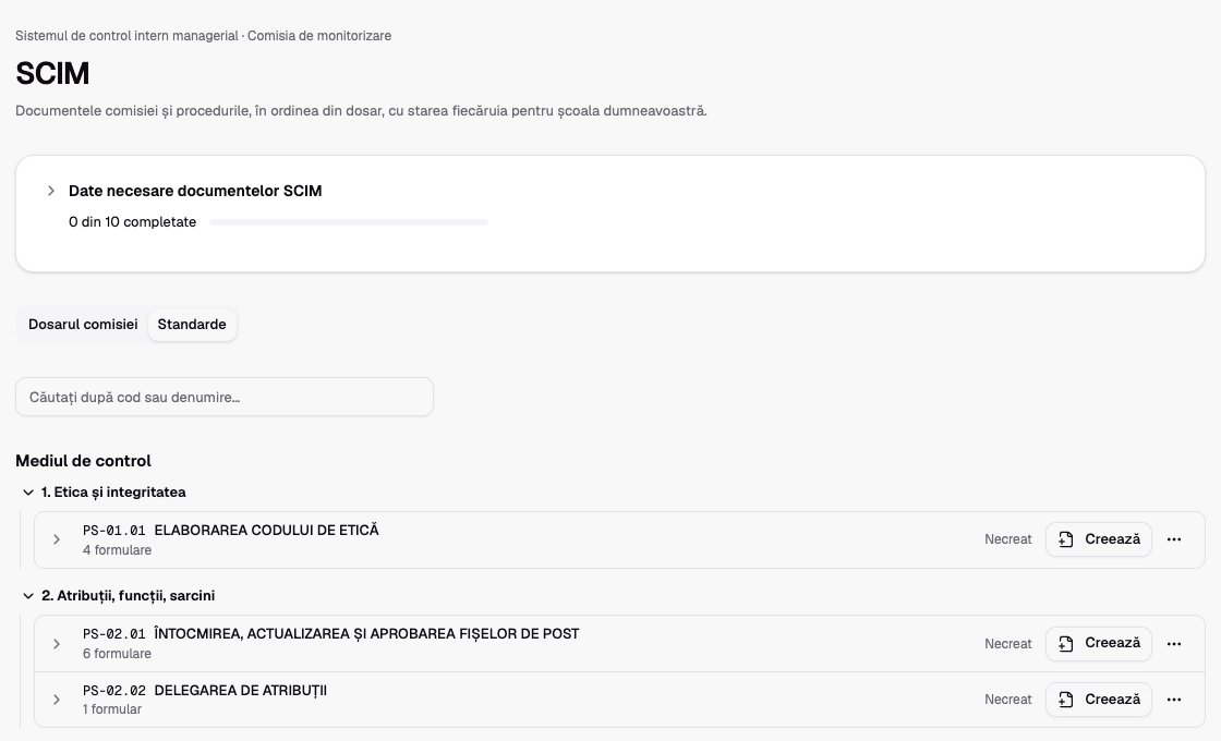 Navigare prin cele 16 standarde SCIM și procedurile unui compartiment.